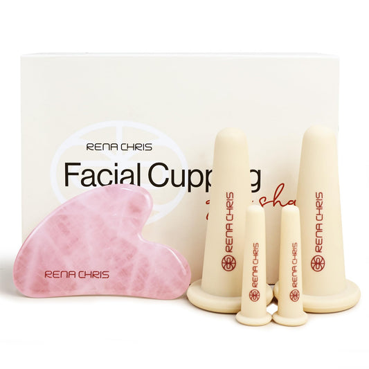 Rena Chris Ventouse Visage & Outil Gua Sha - Set de Ventouses en Silicone & Pierre Gua Sha en Quartz Rose, Soin Naturel, Réduit Gonflements, Repulpe les Lèvres (Rose)
