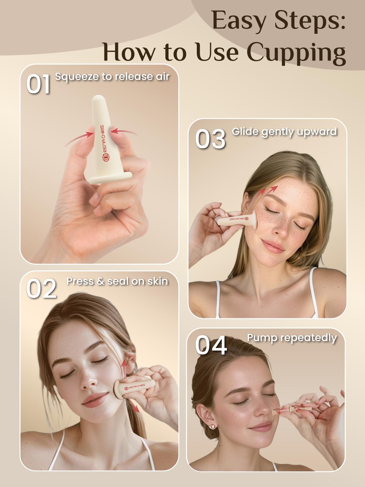 Rena Chris Ventouse Visage & Outil Gua Sha - Set de Ventouses en Silicone & Pierre Gua Sha en Quartz Rose, Soin Naturel, Réduit Gonflements, Repulpe les Lèvres (Rose)