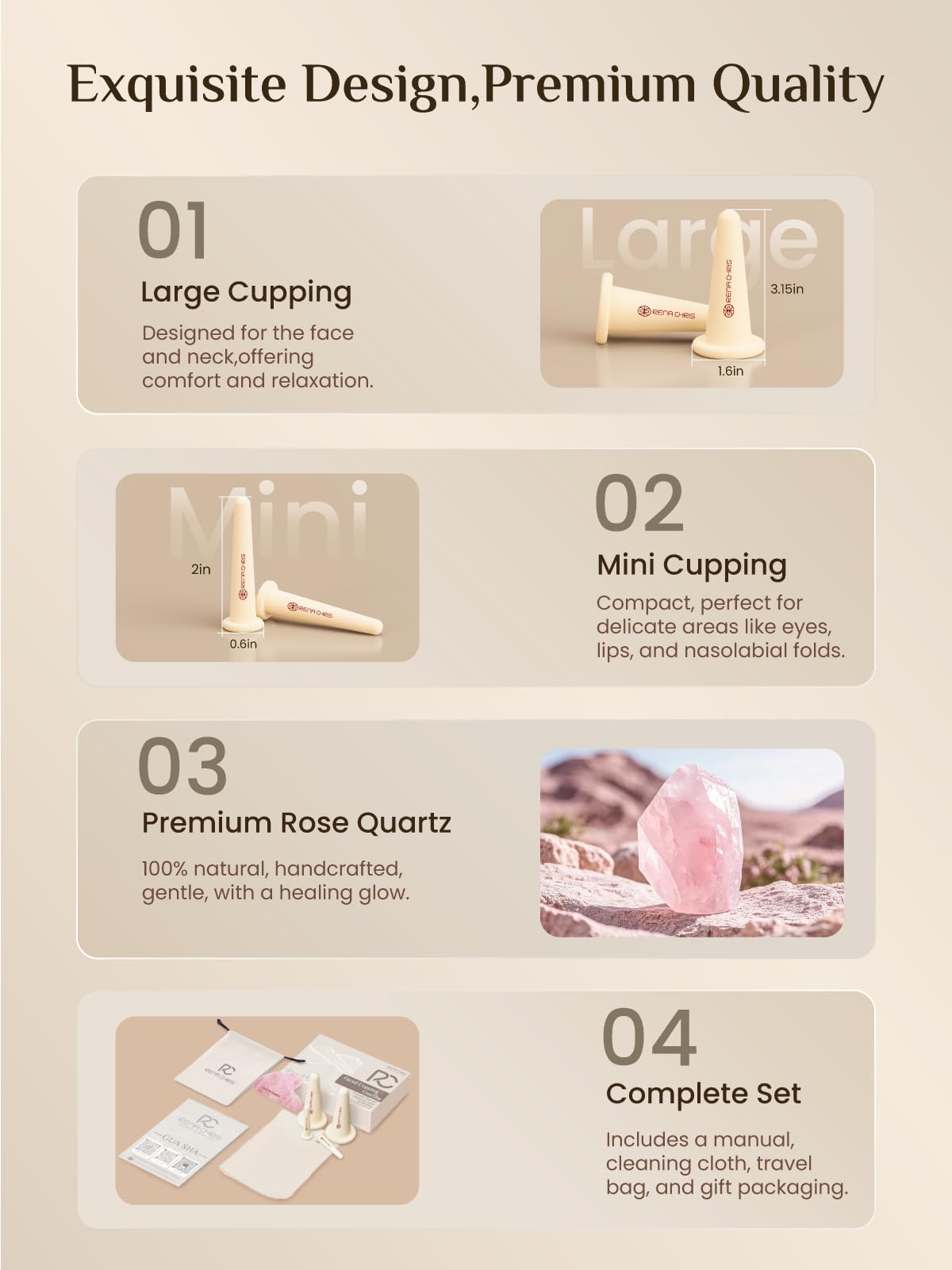 Rena Chris Ventouse Visage & Outil Gua Sha - Set de Ventouses en Silicone & Pierre Gua Sha en Quartz Rose, Soin Naturel, Réduit Gonflements, Repulpe les Lèvres (Rose)