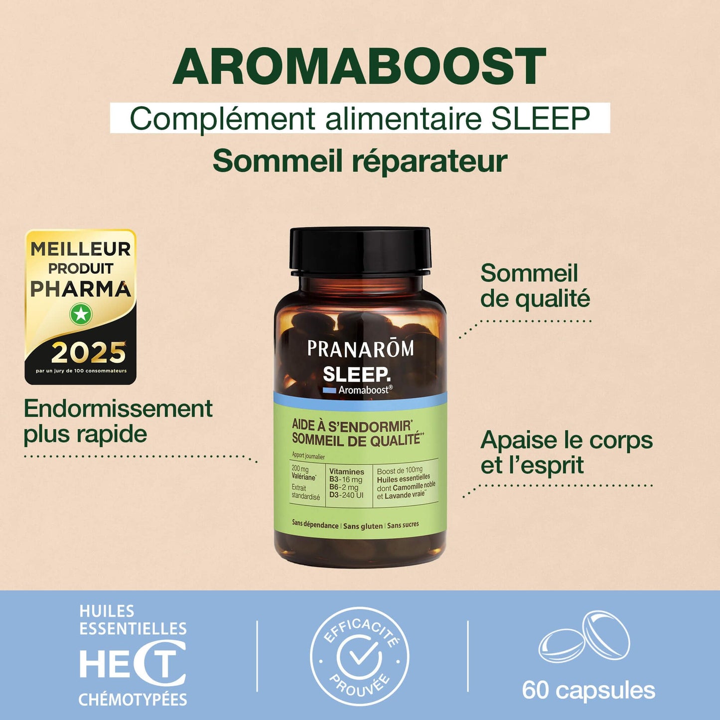 Pranarôm - Aromaboost Sleep - Sleep Supplement - Fast Sleep, Quality Sleep - Valerian - Vitamins B3 B6 D3 - Noble Chamomile Essential Oil - 60 Capsules