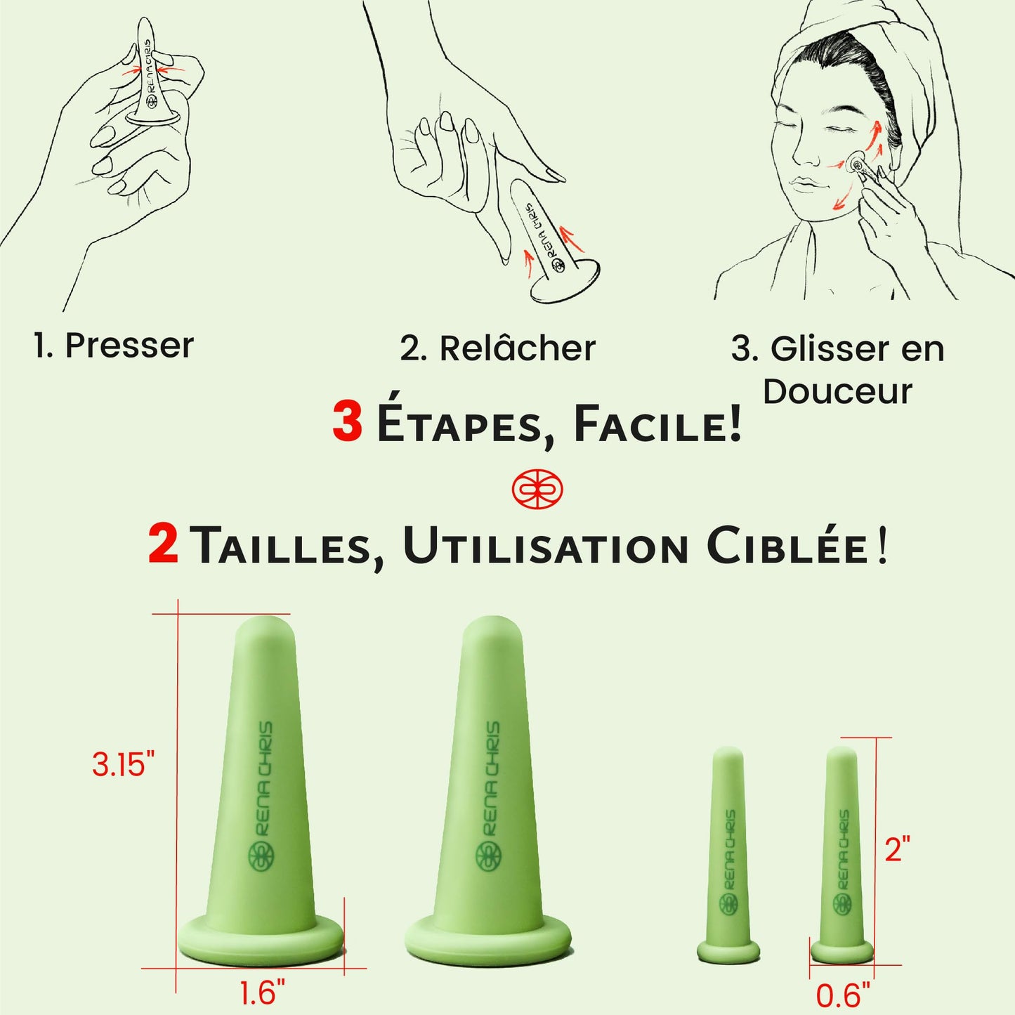 Rena Chris Ventouse Visage & Outil Gua Sha - Set de Ventouses en Silicone & Pierre Gua Sha en Quartz Rose, Soin Naturel, Réduit Gonflements, Repulpe les Lèvres (Rose)