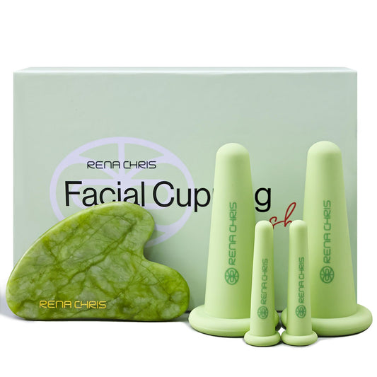 Rena Chris Ventouse Visage & Outil Gua Sha - Set de Ventouses en Silicone & Pierre Gua Sha en Quartz Rose, Soin Naturel, Réduit Gonflements, Repulpe les Lèvres (Rose)