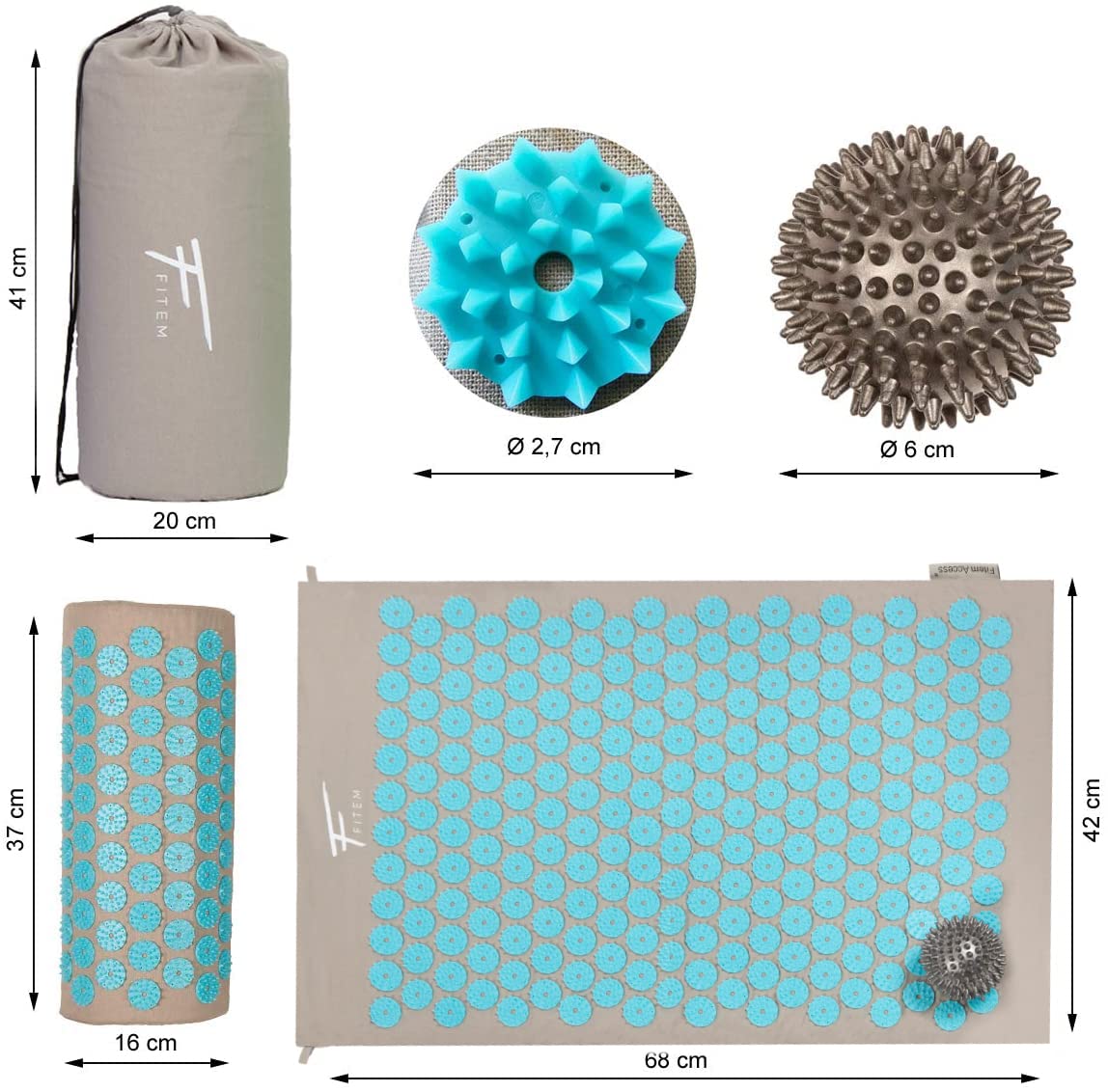 Fitem - Kit d'acupression - Relaxation Musculaire - Tapis, Coussin Fleur, Sac, Boule de Massage, Soulage douleurs Dos et Cou. (gris-turquoise)