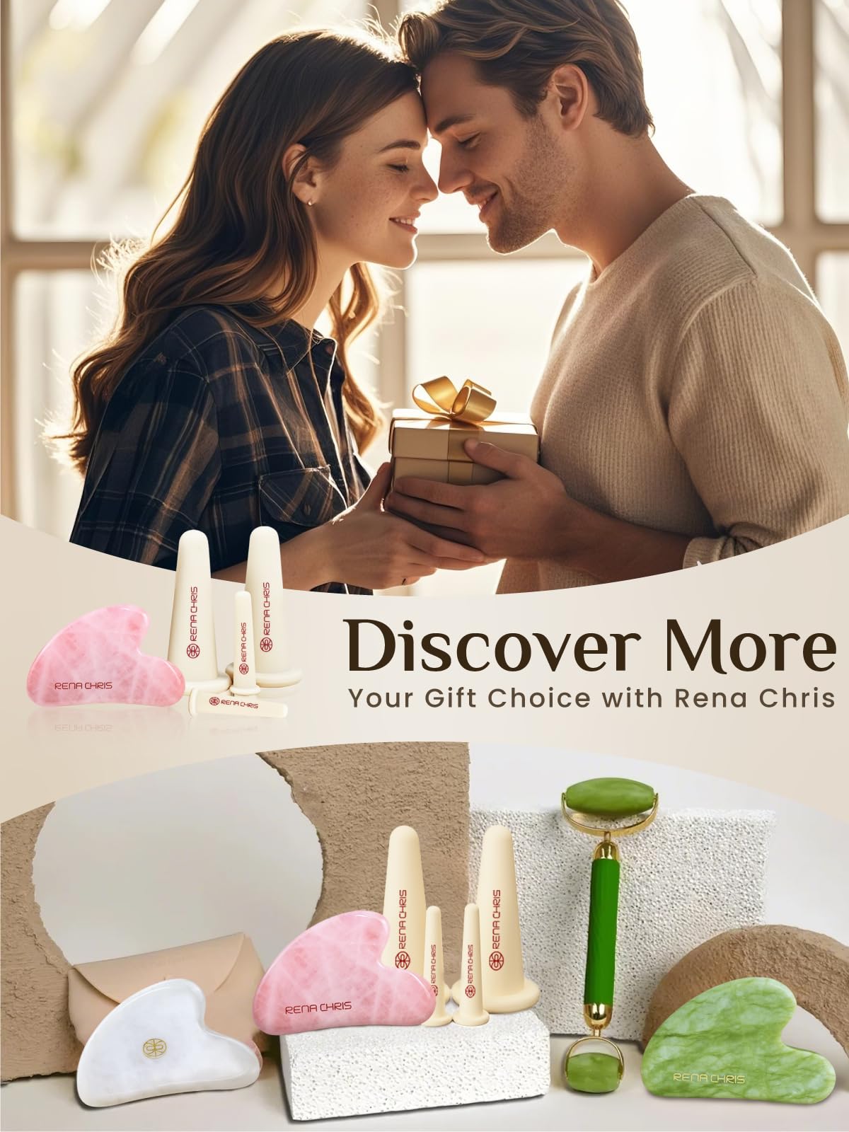 Rena Chris Ventouse Visage & Outil Gua Sha - Set de Ventouses en Silicone & Pierre Gua Sha en Quartz Rose, Soin Naturel, Réduit Gonflements, Repulpe les Lèvres (Rose)