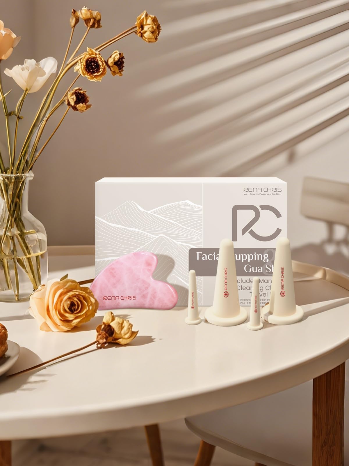 Rena Chris Ventouse Visage & Outil Gua Sha - Set de Ventouses en Silicone & Pierre Gua Sha en Quartz Rose, Soin Naturel, Réduit Gonflements, Repulpe les Lèvres (Rose)