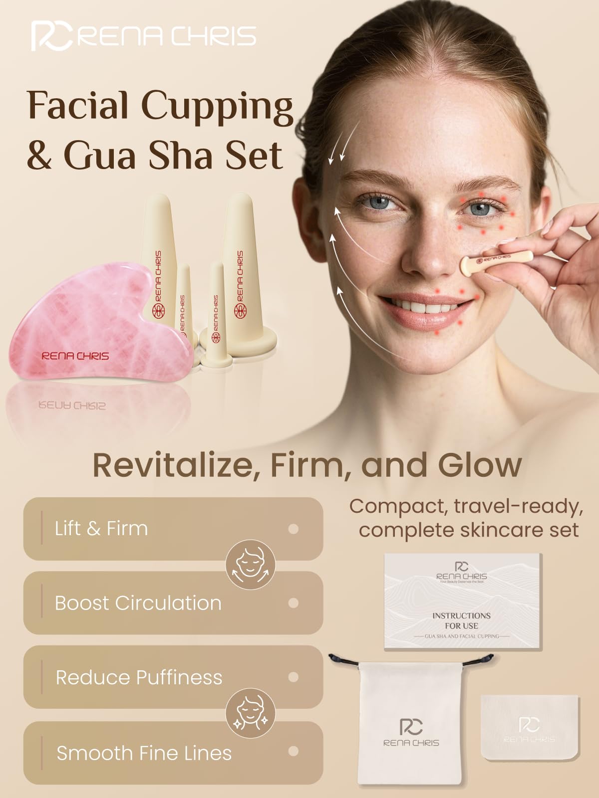 Rena Chris Ventouse Visage & Outil Gua Sha - Set de Ventouses en Silicone & Pierre Gua Sha en Quartz Rose, Soin Naturel, Réduit Gonflements, Repulpe les Lèvres (Rose)