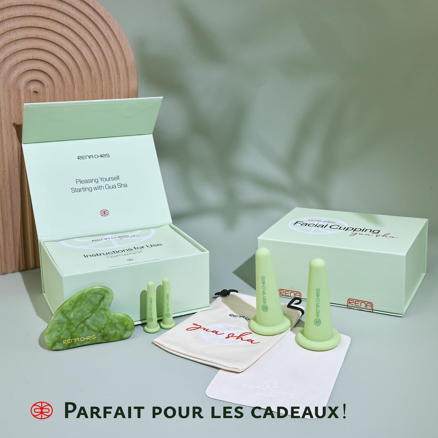 Rena Chris Ventouse Visage & Outil Gua Sha - Set de Ventouses en Silicone & Pierre Gua Sha en Quartz Rose, Soin Naturel, Réduit Gonflements, Repulpe les Lèvres (Rose)