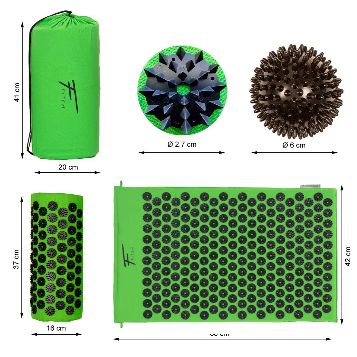 Fitem - Kit d'acupression - Relaxation Musculaire - Tapis, Coussin Fleur, Sac, Boule de Massage, Soulage douleurs Dos et Cou. (gris-turquoise)