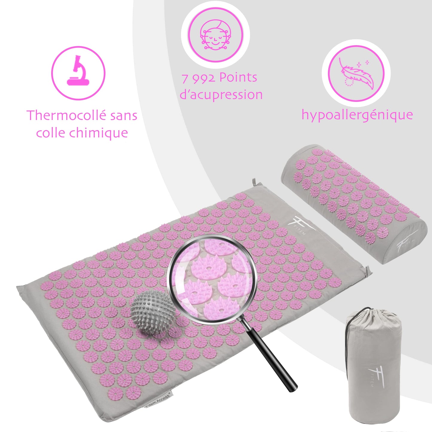 Fitem - Kit d'acupression - Relaxation Musculaire - Tapis, Coussin Fleur, Sac, Boule de Massage, Soulage douleurs Dos et Cou. (gris-turquoise)