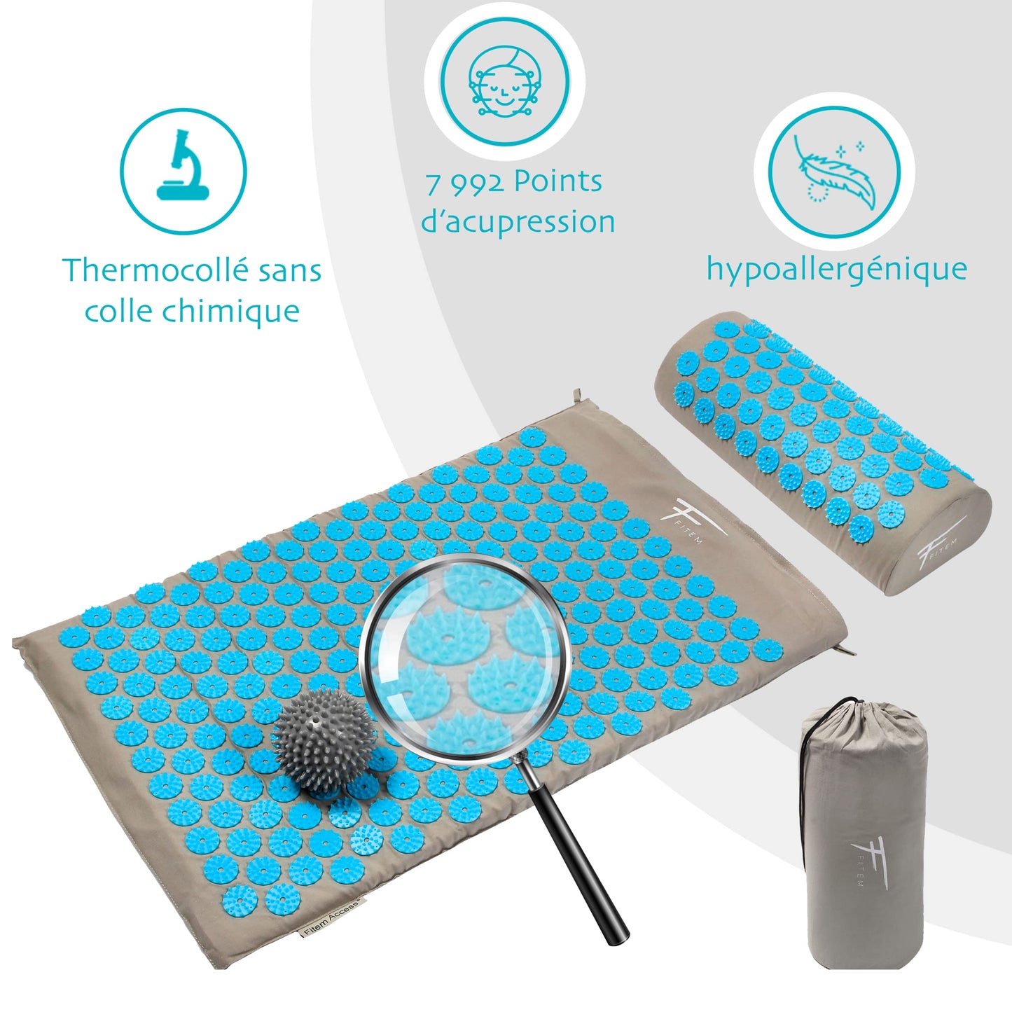 Fitem - Kit d'acupression - Relaxation Musculaire - Tapis, Coussin Fleur, Sac, Boule de Massage, Soulage douleurs Dos et Cou. (gris-turquoise)