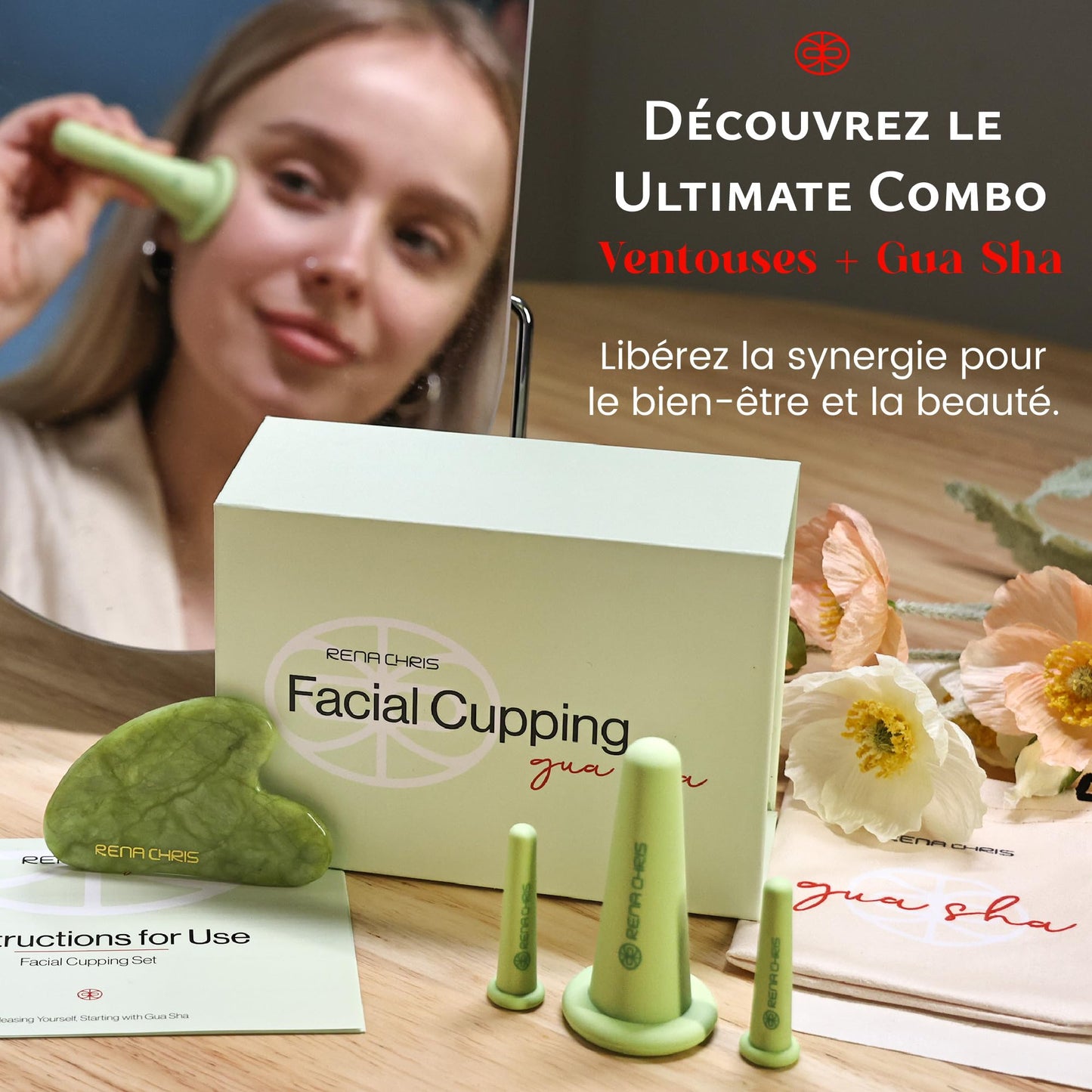 Rena Chris Ventouse Visage & Outil Gua Sha - Set de Ventouses en Silicone & Pierre Gua Sha en Quartz Rose, Soin Naturel, Réduit Gonflements, Repulpe les Lèvres (Rose)