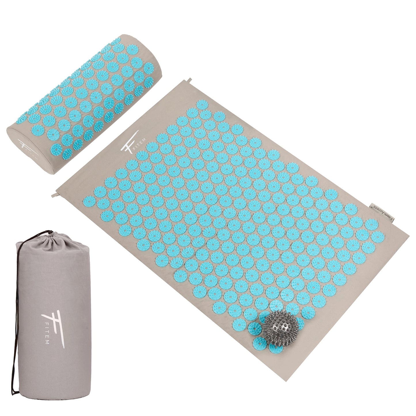 Fitem - Kit d'acupression - Relaxation Musculaire - Tapis, Coussin Fleur, Sac, Boule de Massage, Soulage douleurs Dos et Cou. (gris-turquoise)