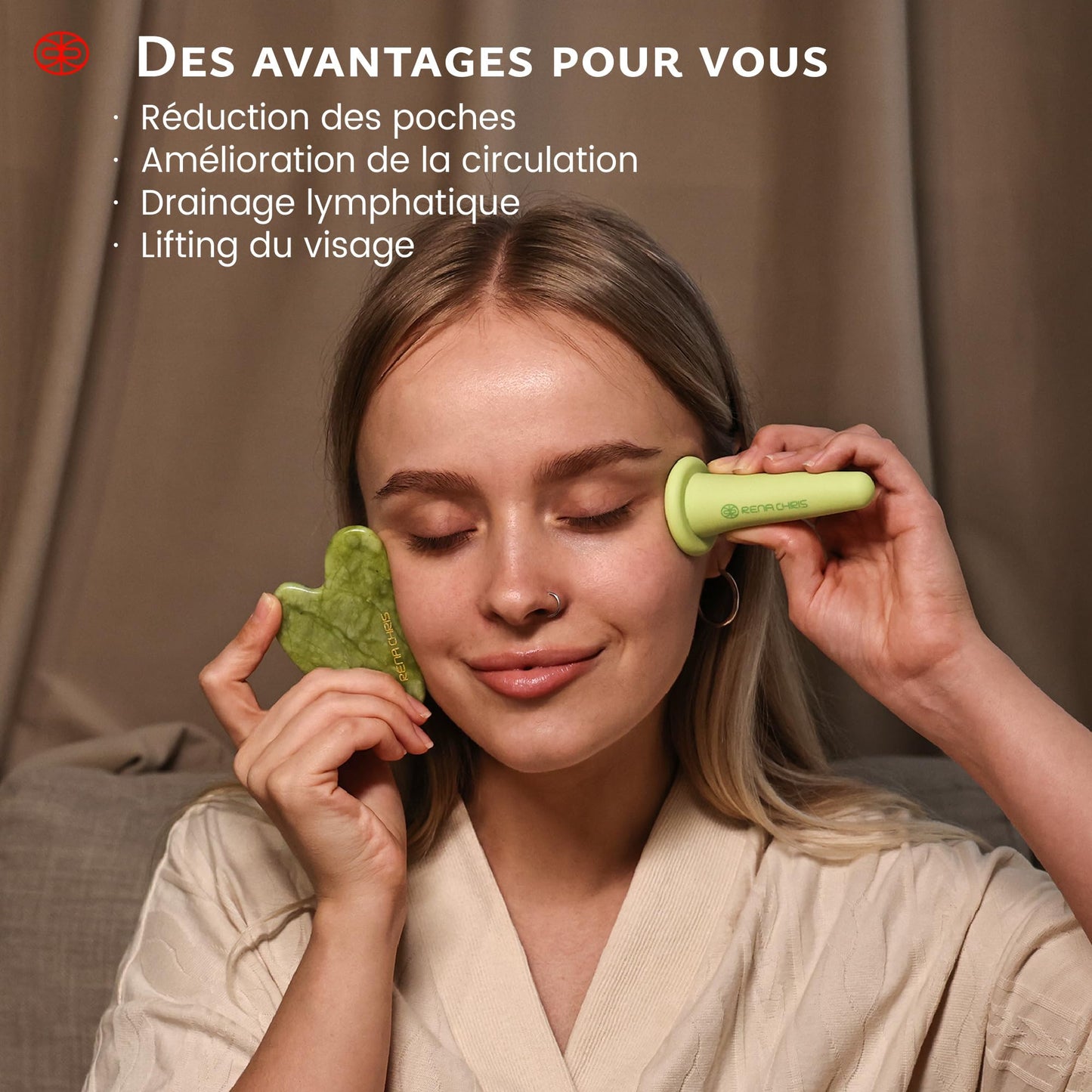 Rena Chris Ventouse Visage & Outil Gua Sha - Set de Ventouses en Silicone & Pierre Gua Sha en Quartz Rose, Soin Naturel, Réduit Gonflements, Repulpe les Lèvres (Rose)