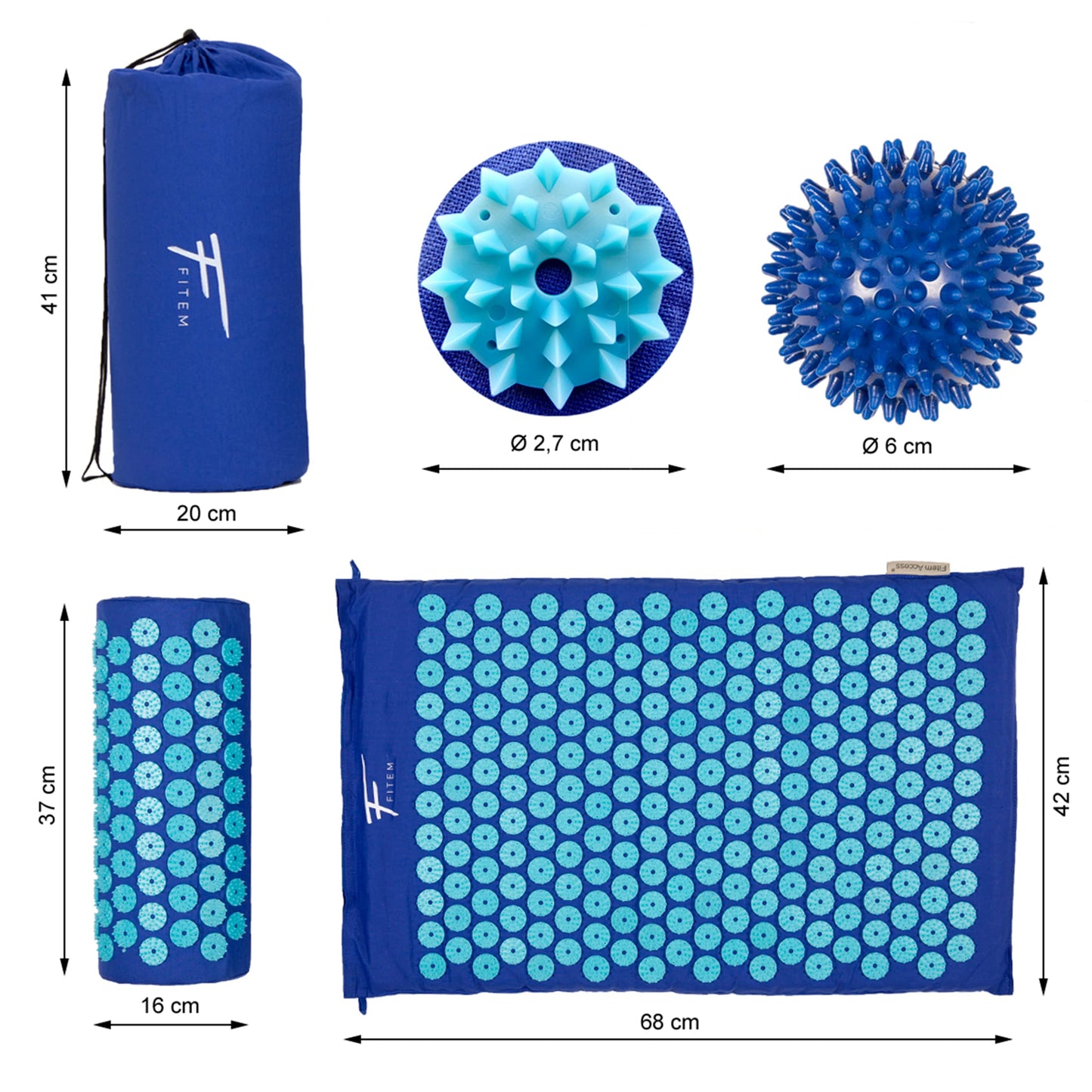 Fitem - Kit d'acupression - Relaxation Musculaire - Tapis, Coussin Fleur, Sac, Boule de Massage, Soulage douleurs Dos et Cou. (gris-turquoise)