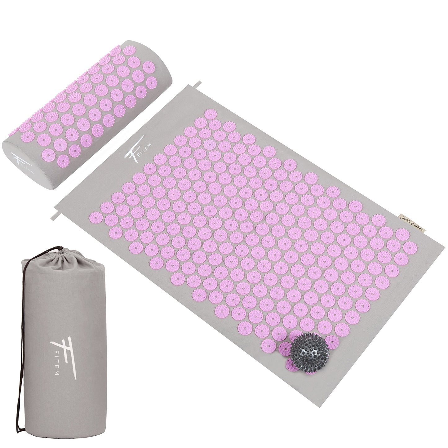 Fitem - Kit d'acupression - Relaxation Musculaire - Tapis, Coussin Fleur, Sac, Boule de Massage, Soulage douleurs Dos et Cou. (gris-turquoise)