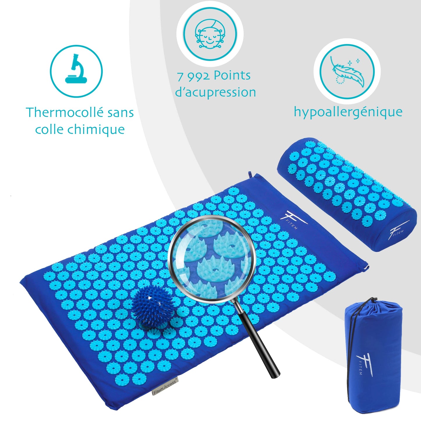 Fitem - Kit d'acupression - Relaxation Musculaire - Tapis, Coussin Fleur, Sac, Boule de Massage, Soulage douleurs Dos et Cou. (gris-turquoise)