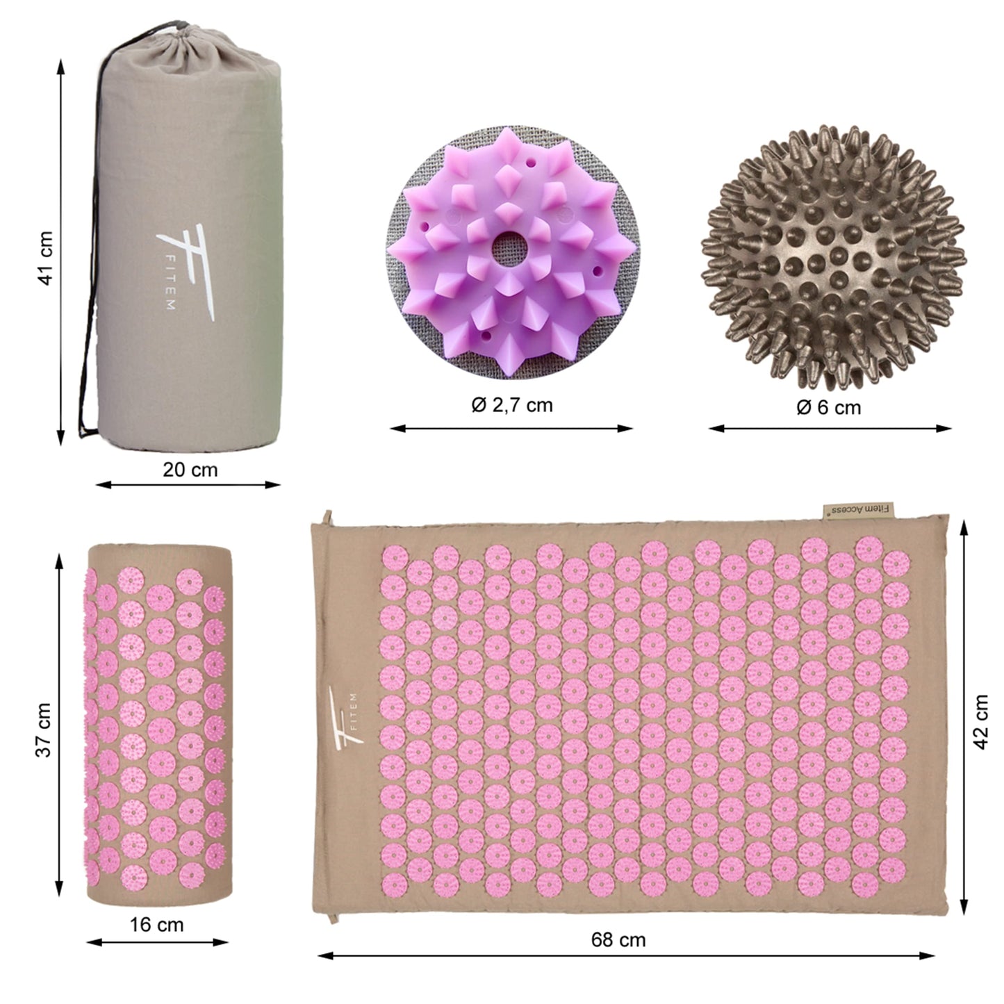 Fitem - Kit d'acupression - Relaxation Musculaire - Tapis, Coussin Fleur, Sac, Boule de Massage, Soulage douleurs Dos et Cou. (gris-turquoise)