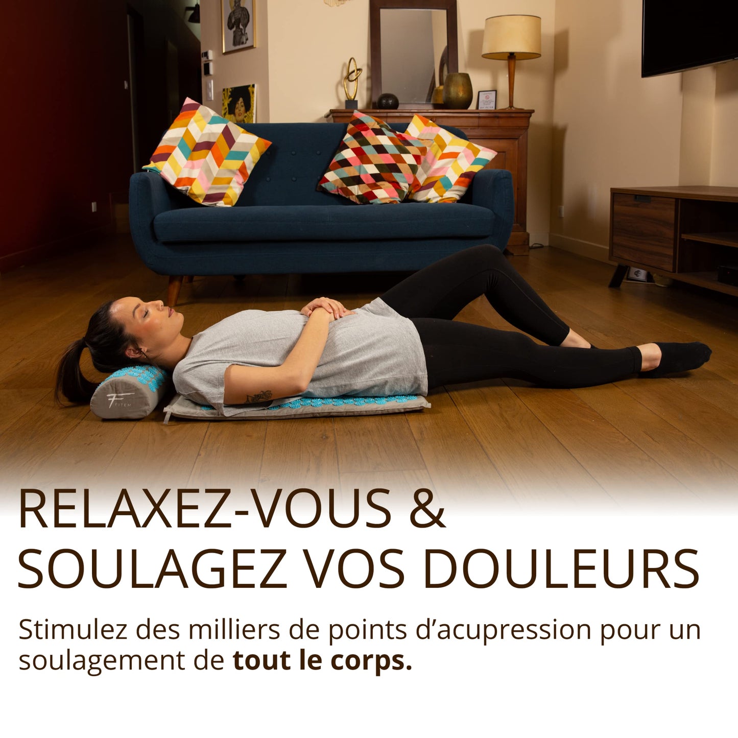 Fitem - Kit d'acupression - Relaxation Musculaire - Tapis, Coussin Fleur, Sac, Boule de Massage, Soulage douleurs Dos et Cou. (gris-turquoise)