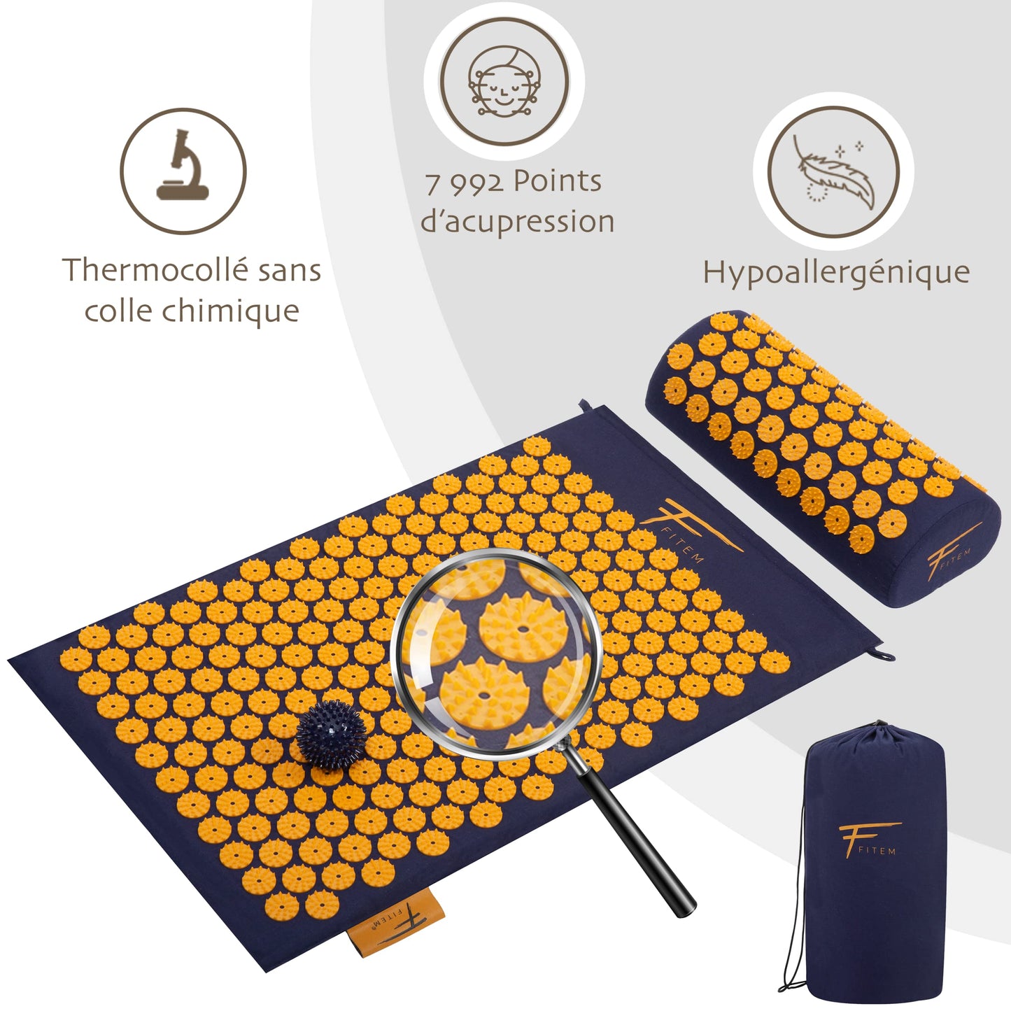 Fitem - Kit d'acupression - Relaxation Musculaire - Tapis, Coussin Fleur, Sac, Boule de Massage, Soulage douleurs Dos et Cou. (gris-turquoise)