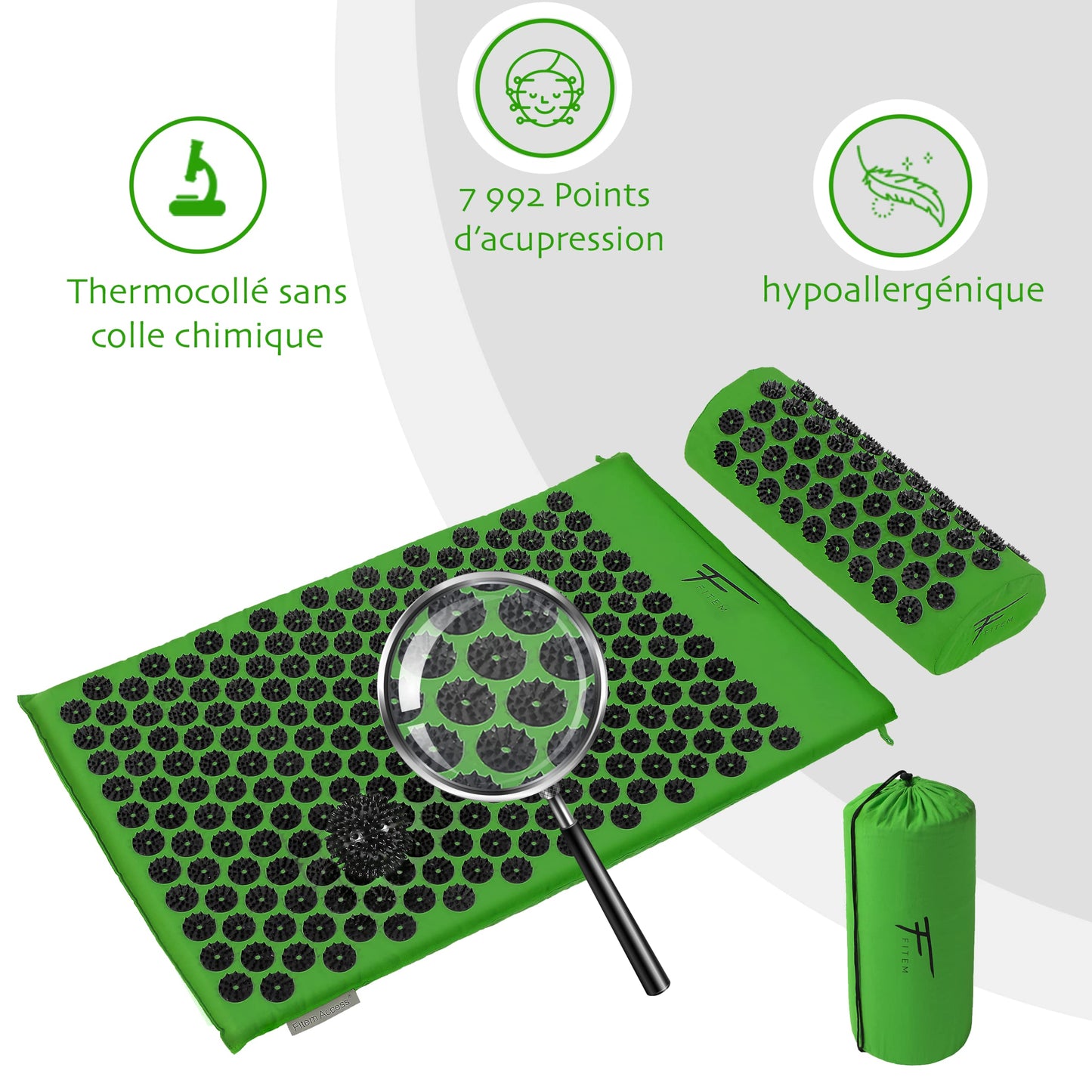 Fitem - Kit d'acupression - Relaxation Musculaire - Tapis, Coussin Fleur, Sac, Boule de Massage, Soulage douleurs Dos et Cou. (gris-turquoise)