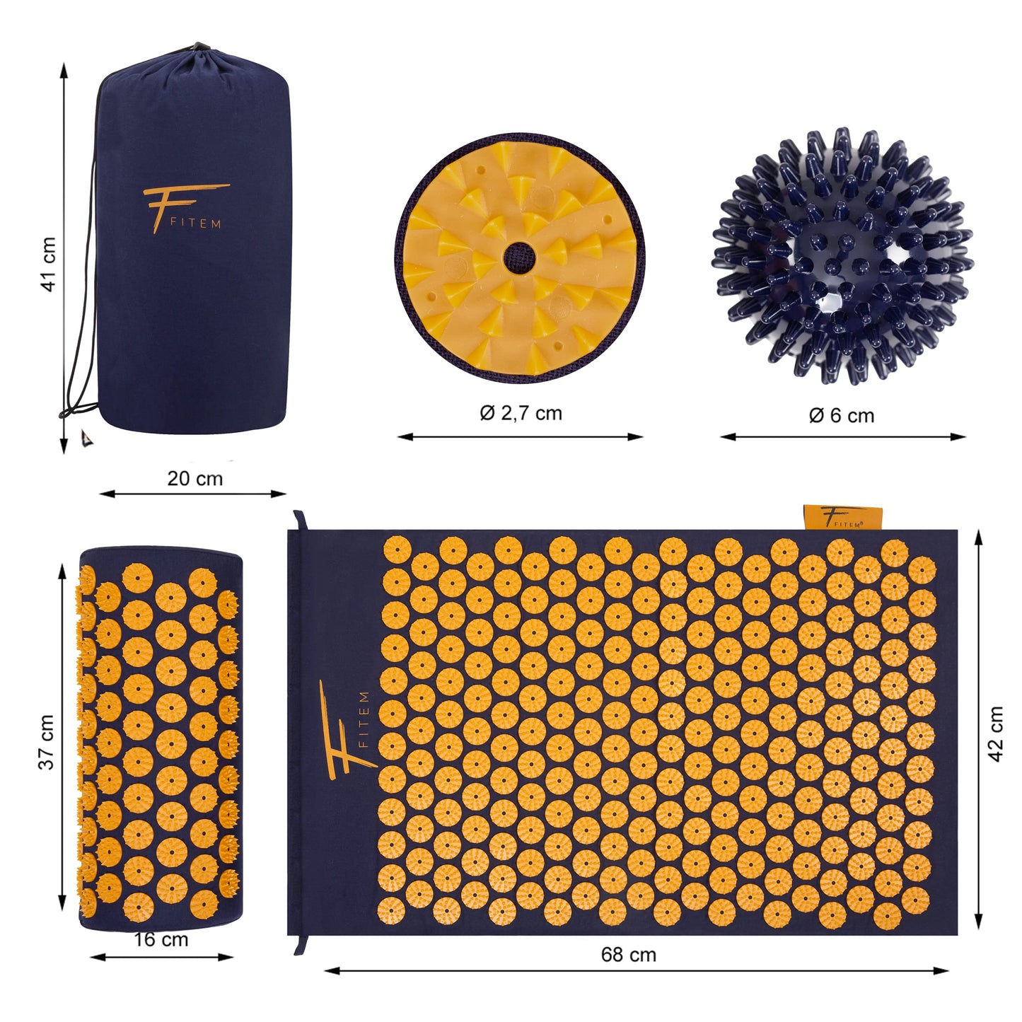 Fitem - Kit d'acupression - Relaxation Musculaire - Tapis, Coussin Fleur, Sac, Boule de Massage, Soulage douleurs Dos et Cou. (gris-turquoise)