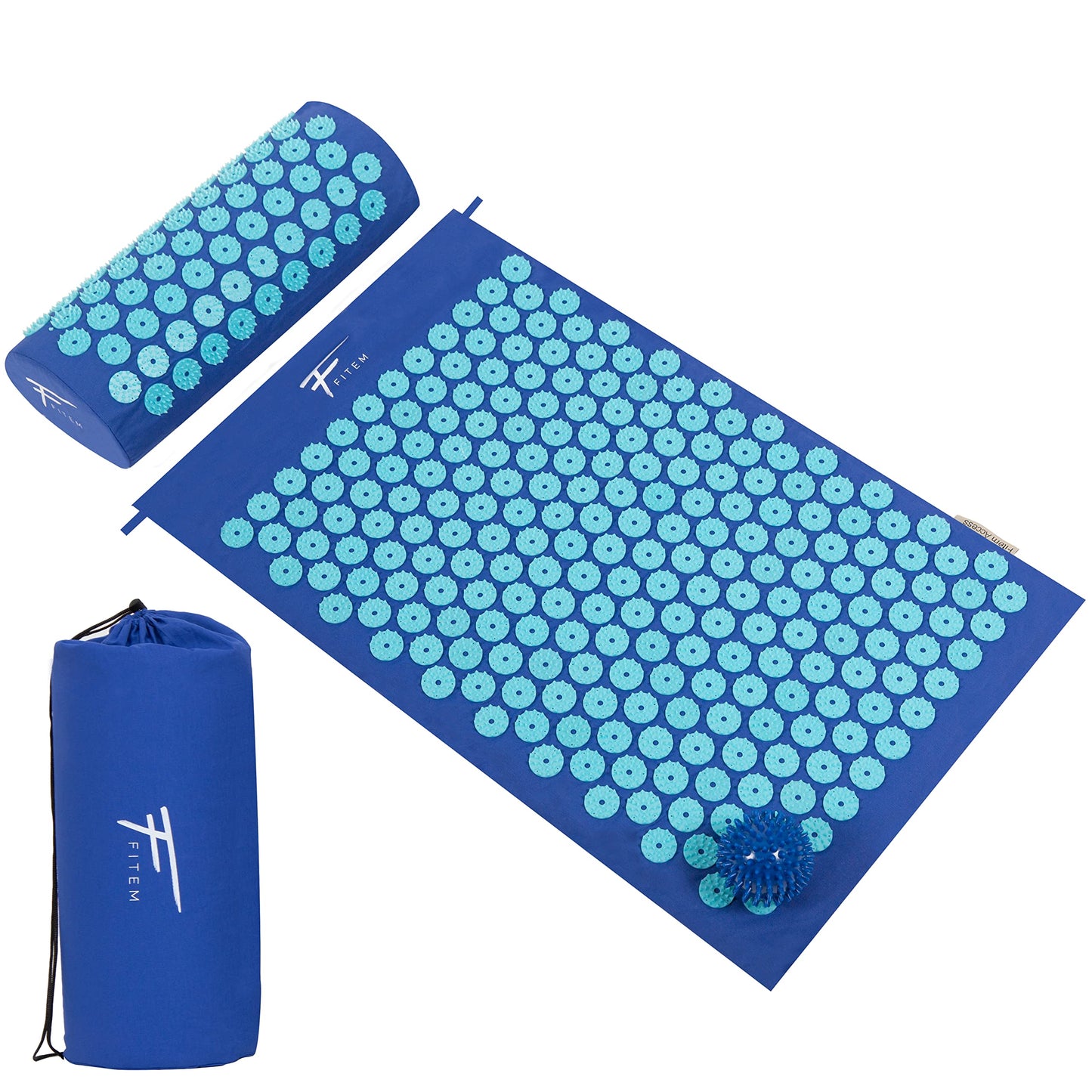 Fitem - Kit d'acupression - Relaxation Musculaire - Tapis, Coussin Fleur, Sac, Boule de Massage, Soulage douleurs Dos et Cou. (gris-turquoise)